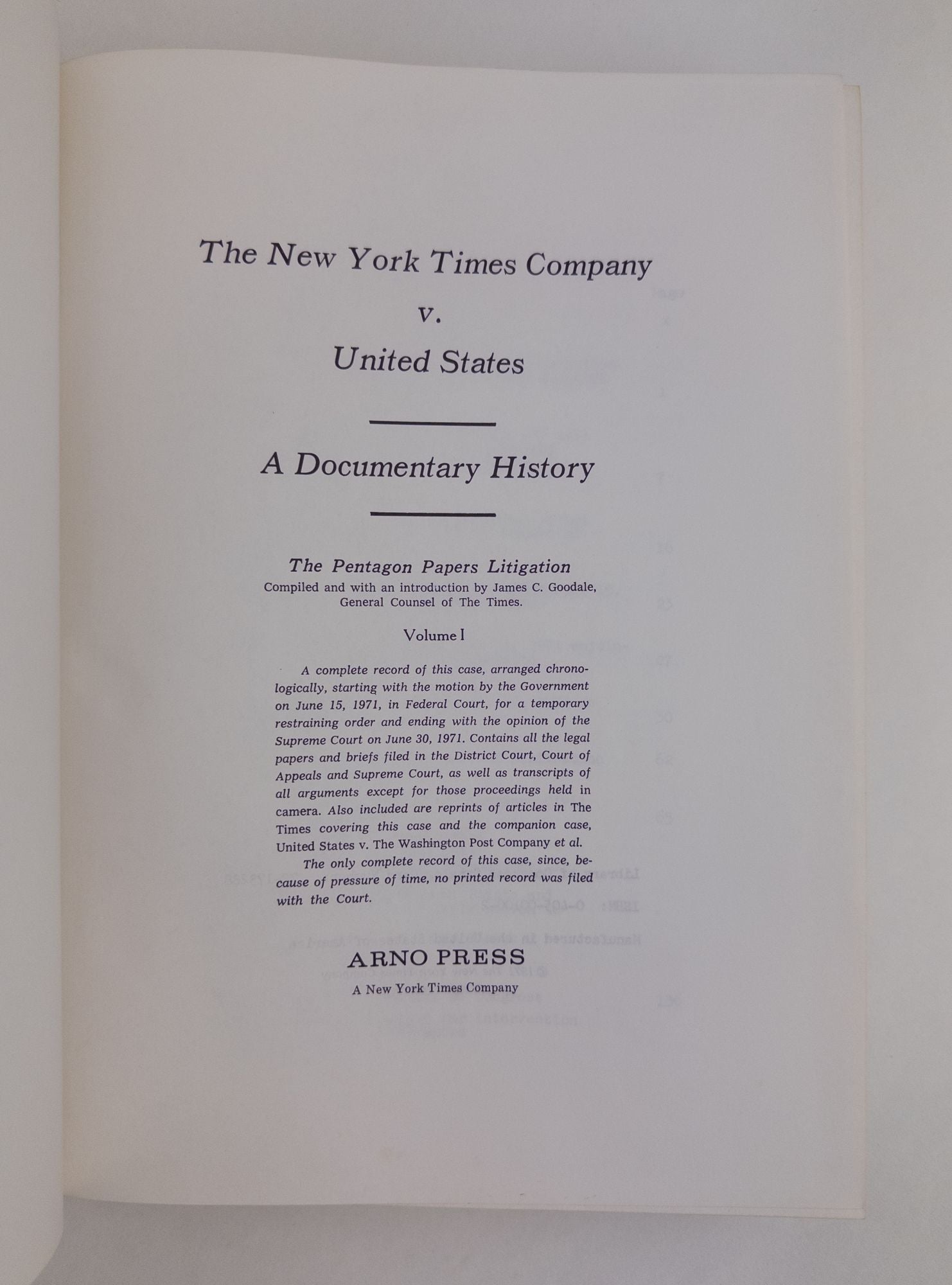 Product Image for THE NEW YORK TIMES COMPANY V. UNITED STATES. A DOCUMENTARY HISTORY. THE PENTAGON PAPERS LITIGATION [Two volumes]