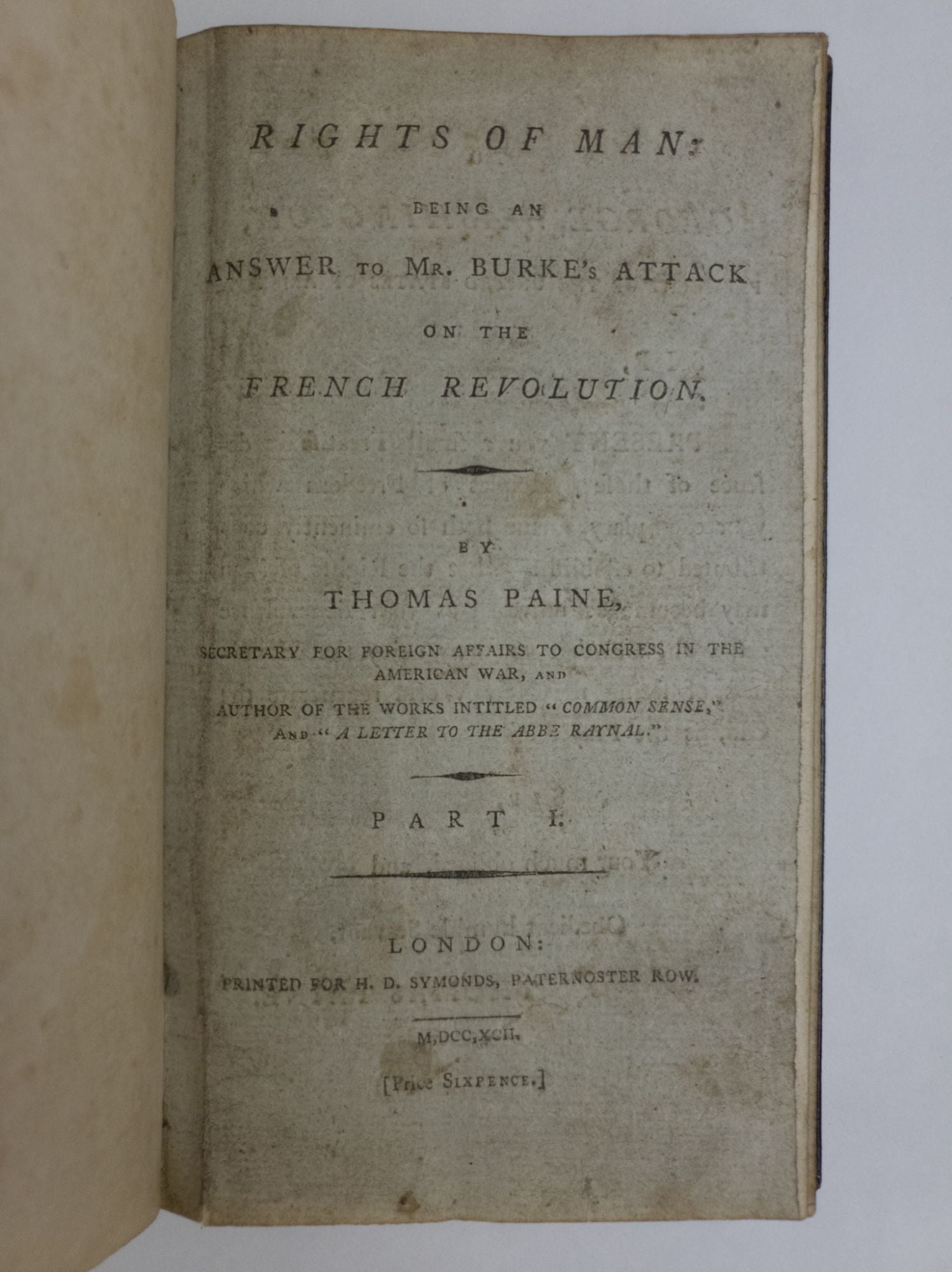 Product Image for RIGHTS OF MAN; [Bound with] RIGHTS OF MAN PART THE SECOND; [Bound with] A LETTER ADDRESSED TO THE ABBE RAYNAL; [With] AN 1815 HORSE SHOW ADVERTISEMENT