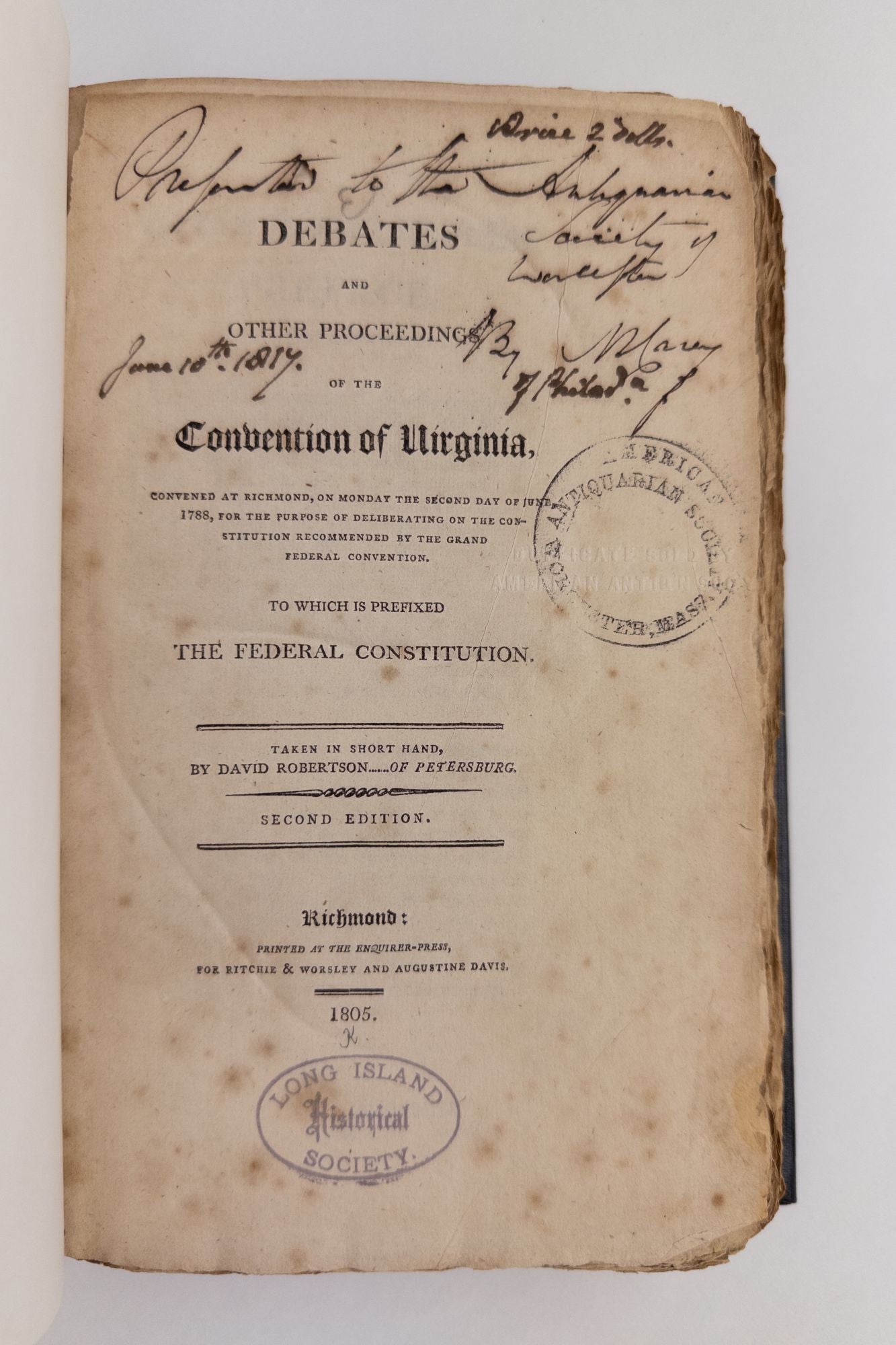 Product Image for DEBATES AND OTHER PROCEEDINGS OF THE CONVENTION OF VIRGINIA [SIGNED BY MATHEW CAREY]