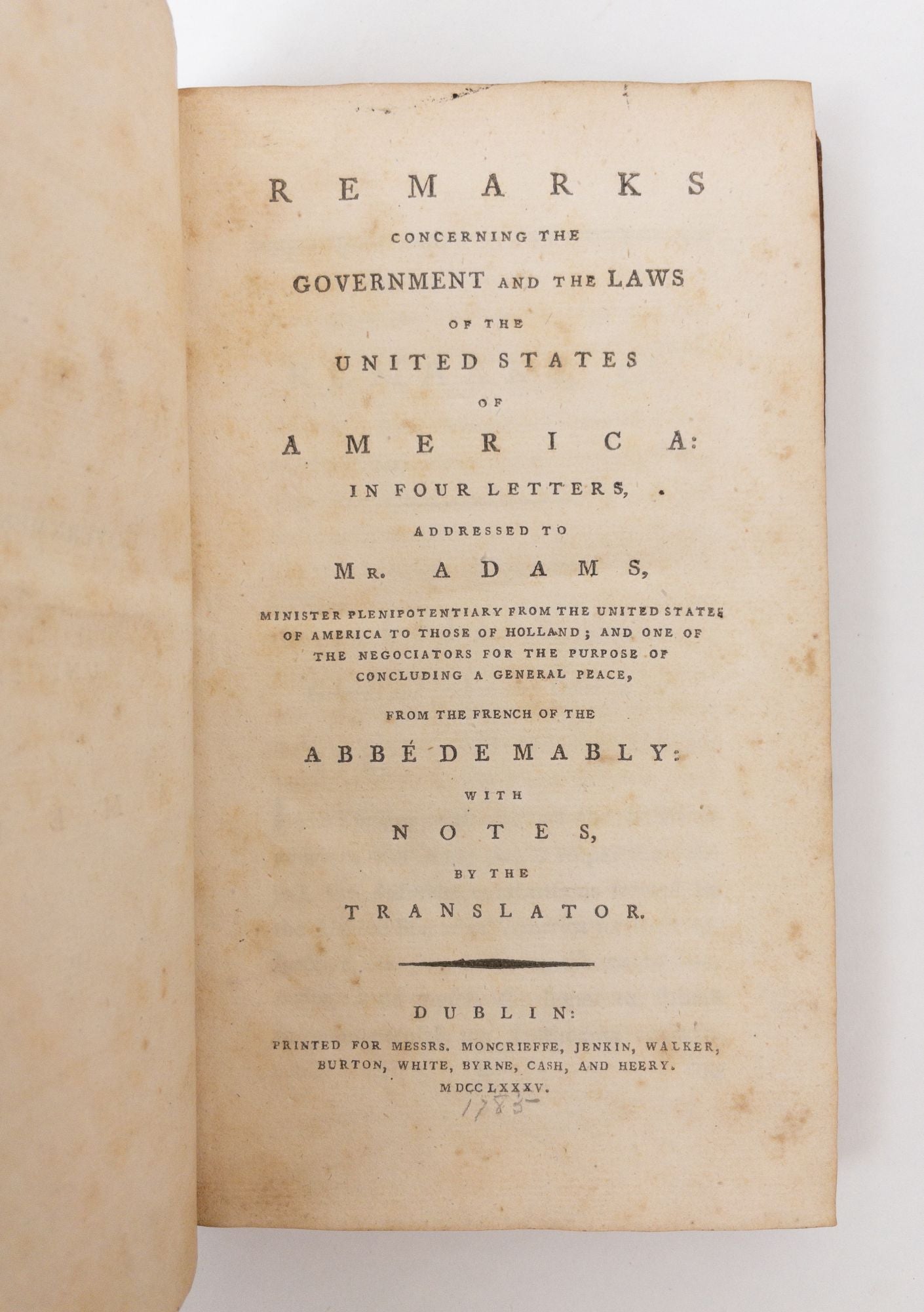 Product Image for REMARKS CONCERNING THE GOVERNMENT AND THE LAWS OF THE UNITED STATES OF AMERICA: IN FOUR LETTERS ADDRESSED TO MR. ADAMS