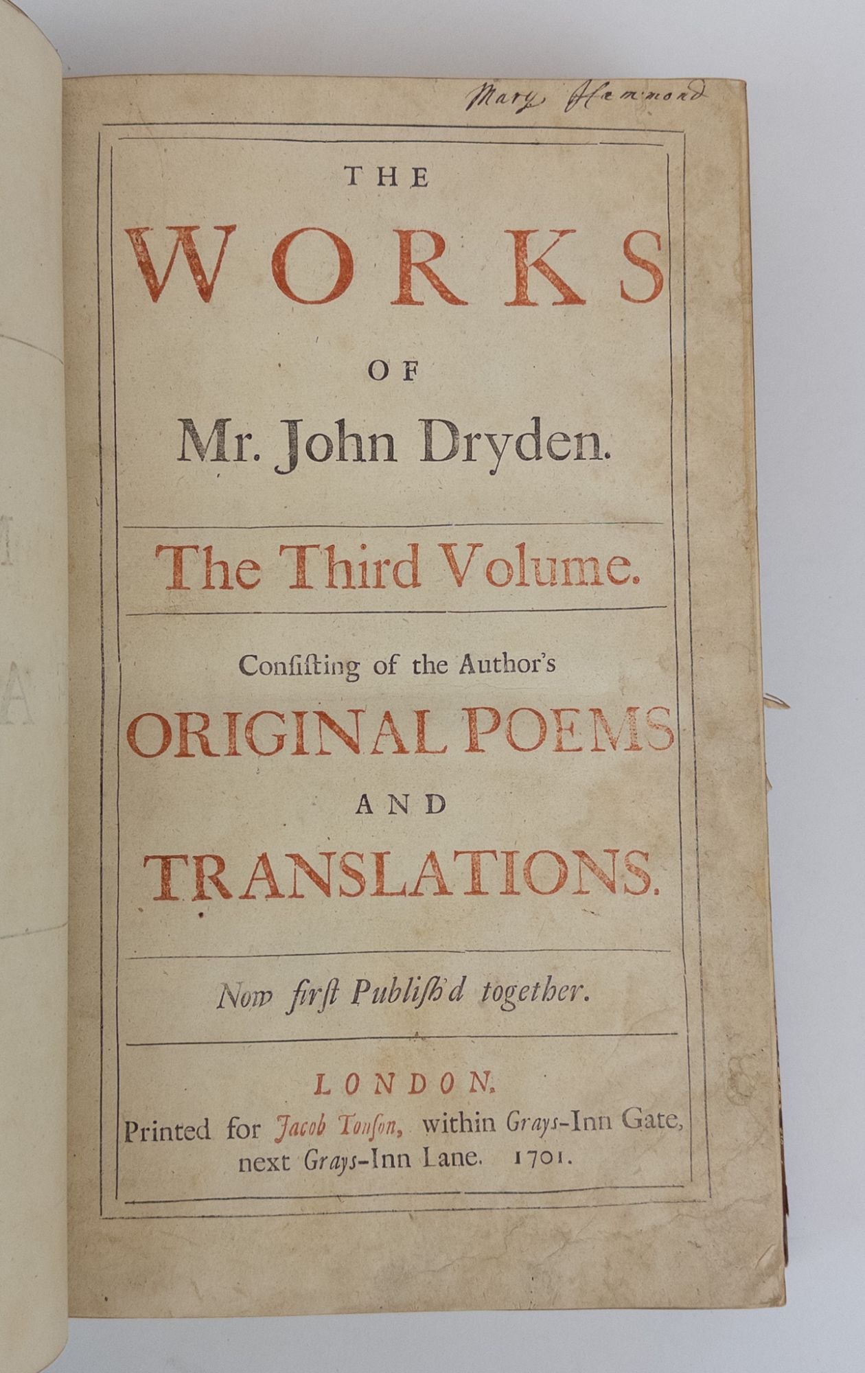 Product Image for THE WORKS OF Mr. JOHN DRYDEN CONSISTING OF THE AUTHOR'S ORIGINAL POEMS AND TRANSLATIONS. FABLES ANCIENT AND MODERN; TRANSLATED INTO VERSE FROM HOMER, OVID, BOCCACE, & CHAUCER WITH ORIGINAL POEMS. THE THIRD VOLUME. NOW FIRST PUBLISHED TOGETHER