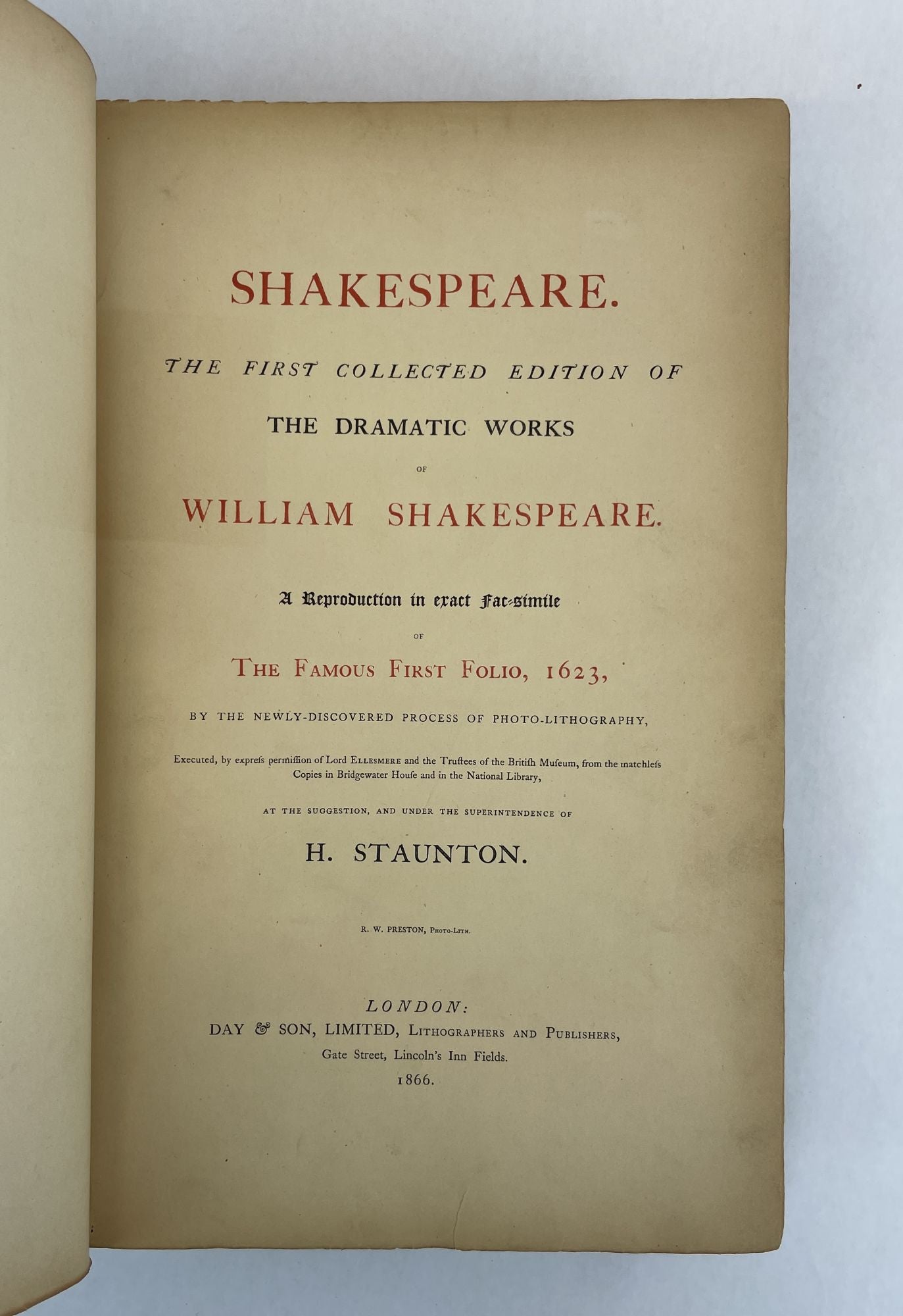 Product Image for SHAKESPEARE. THE FIRST COLLECTED EDITION OF THE DRAMATIC WORKS OF WILLIAM SHAKESPEARE. A REPRODUCTION IN EXACT FAC-SIMILE OR THE FAMOUS FIRST FOLIO, 1623, BY THE NEWLY-DISCOVERED PROCESS OF PHOTO-LITHOGRAPHY [...]