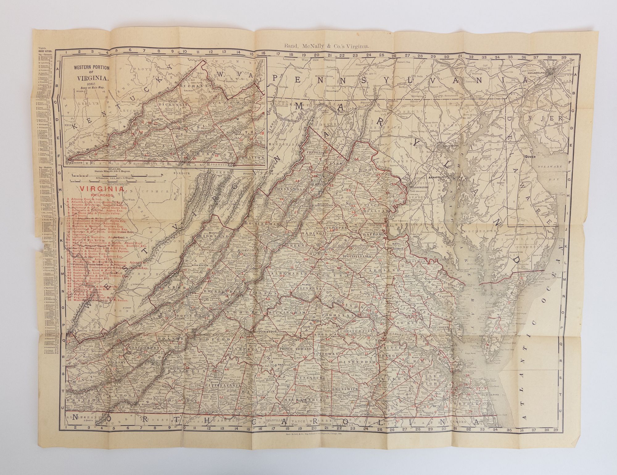 Product Image for Rand, McNally & Co.'s Indexed County and Railroad Pocket Map and Shippers' Guide of Virginia Accompanied by a New and Original Compilation and Ready Reference Index, Showing in Detail the Entire Railroad System, The Express Company Doing Business over eac